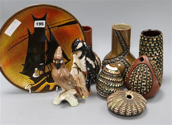 A collection of late 20th century Poole pottery vases and a dish, and two Goebels birds dish 26.5cm diameter